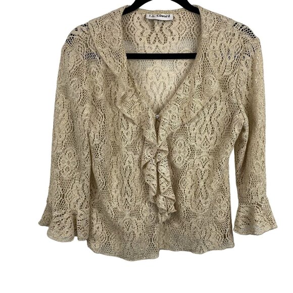 Womens Small Y2K Beige Lace Ruffle Blouse Cardigan Flared 3/4 Sleeves - Picture 10 of 11